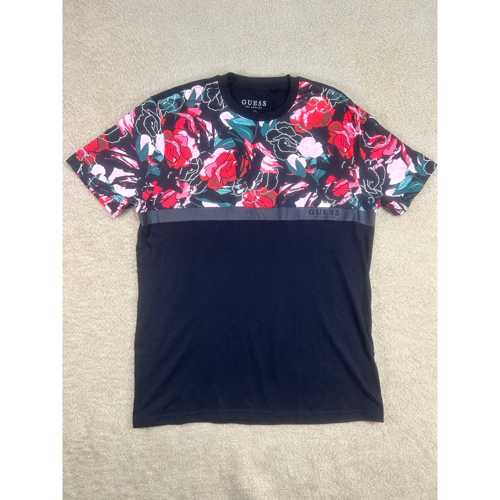 Guess Mens Black Floral Print Short Sleeve T Shirt La Style Size Medium